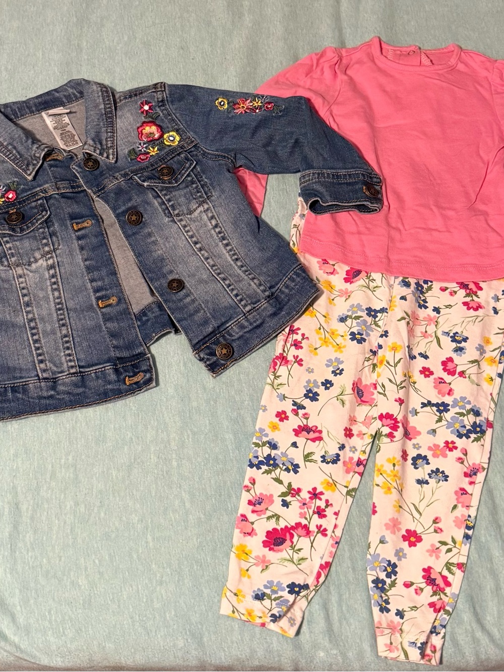 Little Me Denim Jean Jacket with Pink Top & Floral Pants
